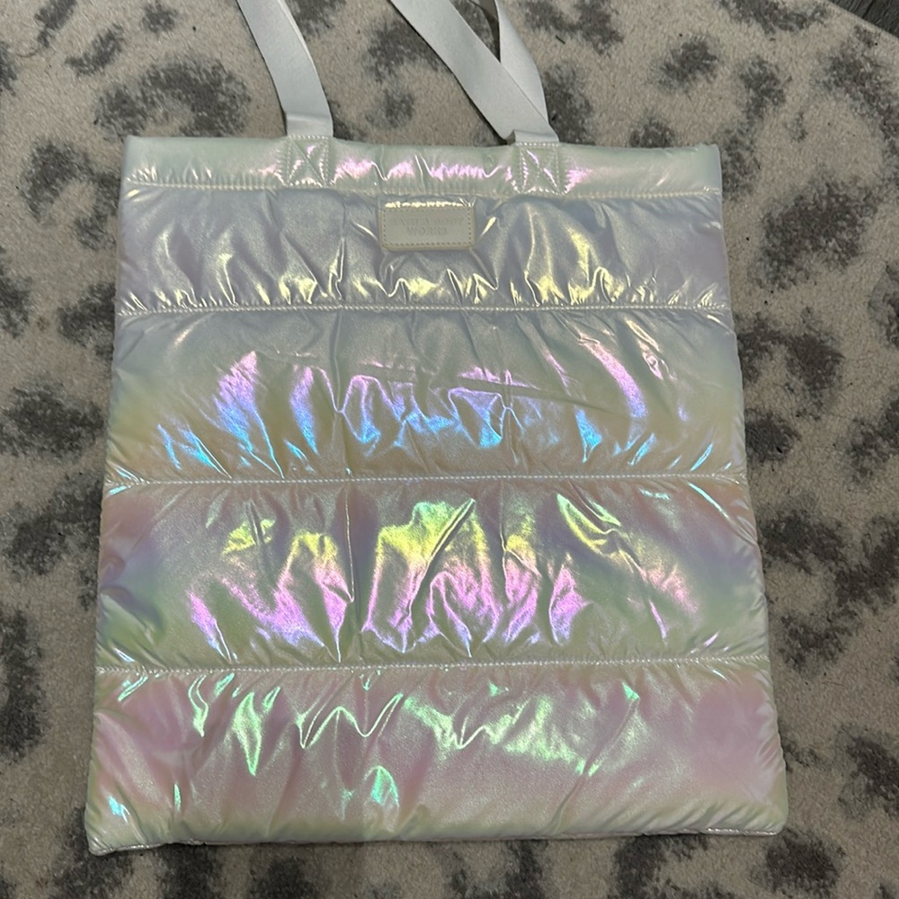 Bath & body works quilted white iridescent tote NWT